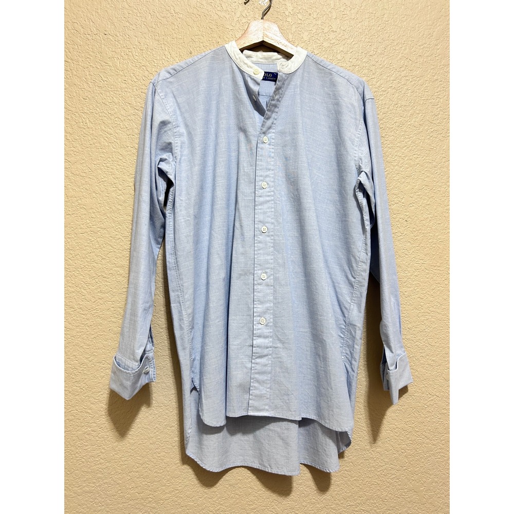 Polo Ralph Lauren 4 Band Collar Button Down Shirt Blue Preppy Longline Tunic